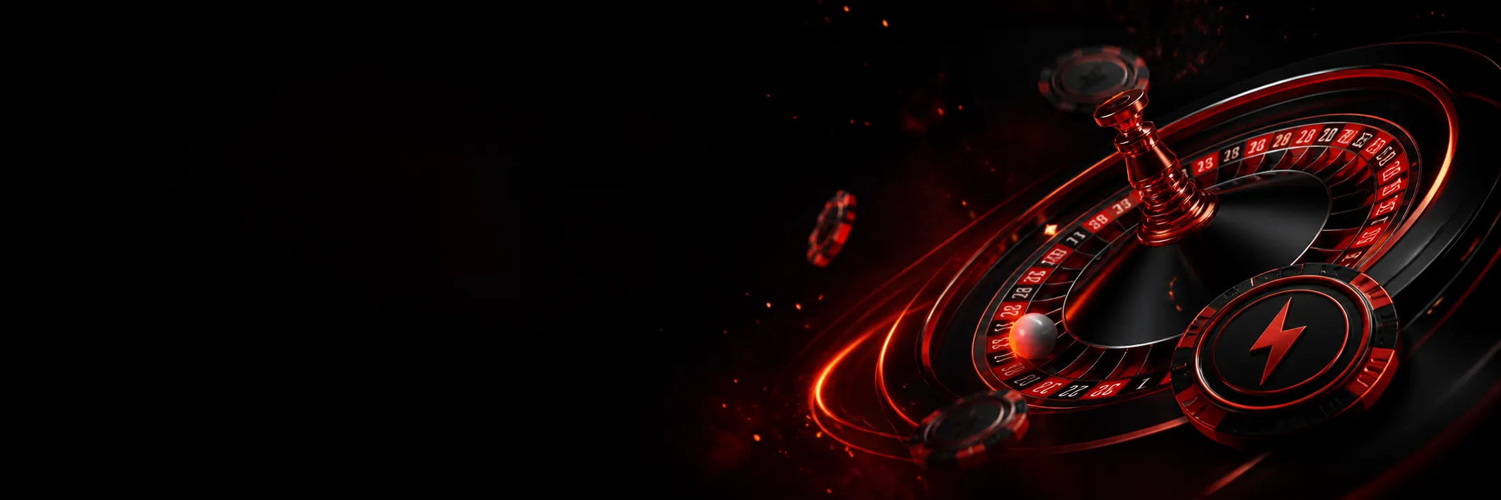 A dark, vivid CGI rendering featuring a dramatic partial roulette wheel entering from the lower-right corner, with a small li