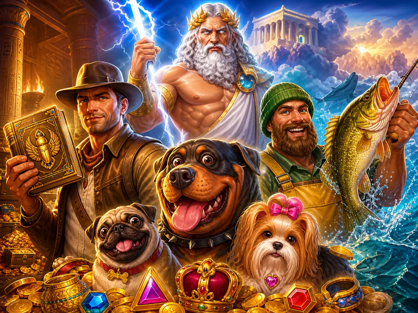 Promotional artwork featuring vibrant characters and symbols from popular slot games, showcasing a fantasy and adventure them